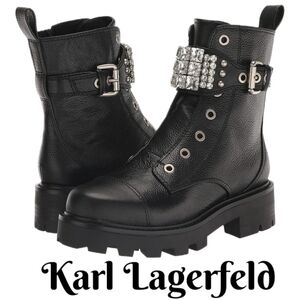 Karl Lagerfeld Maeva Womens Lug Sole  Combat Boots Sz 6M Black Leather Crystals
